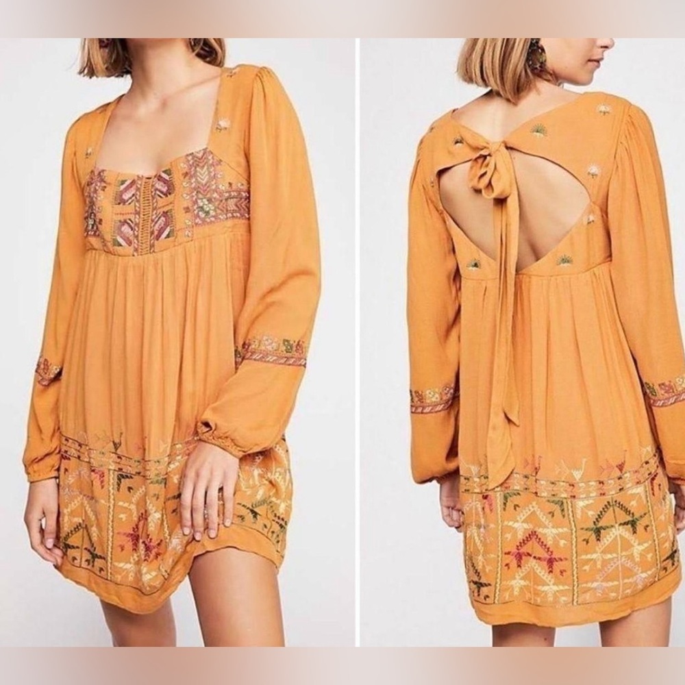 Free People Rhiannon Embroidered Boho Peasant Style Long Sleeve Dress NWT